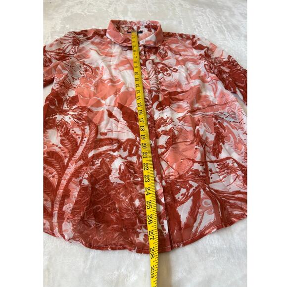 Tommy Hilfiger Top Women's Sheer Tropical Button Up Blouse Coral/Brick Size M - Picture 4 of 8